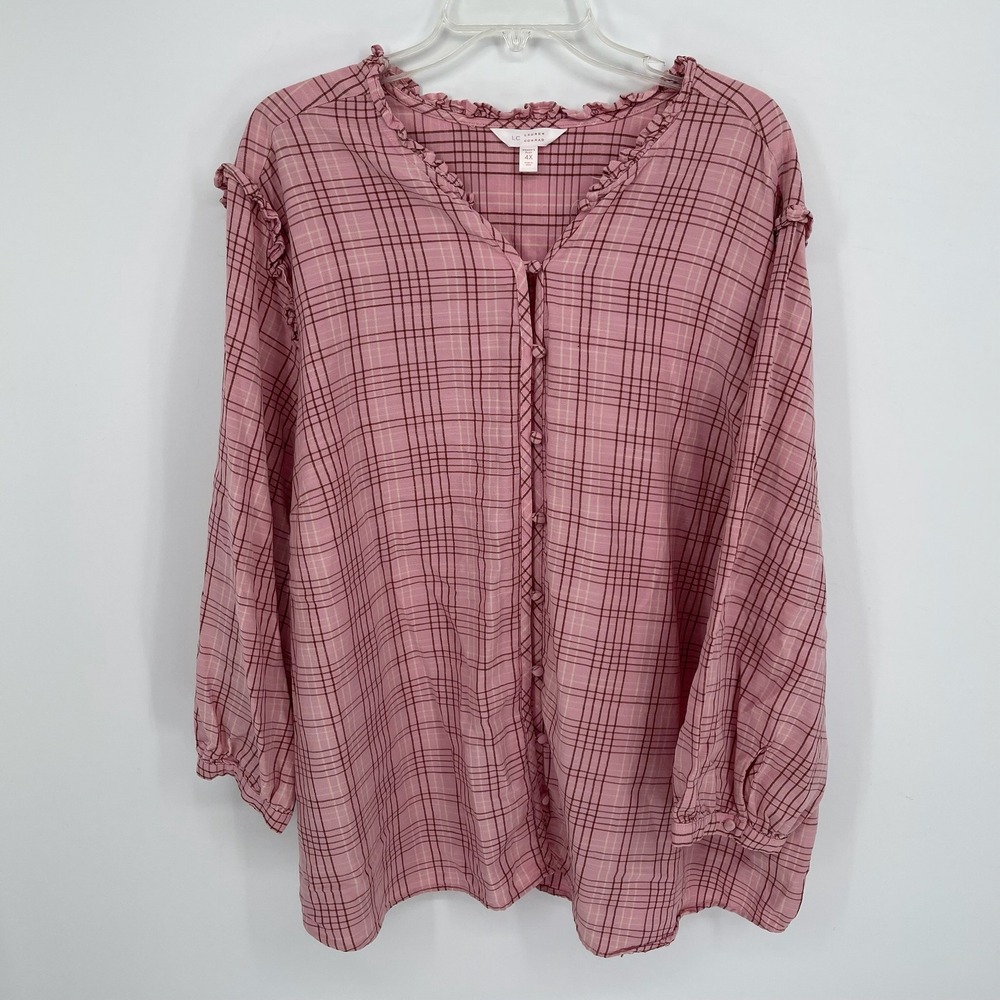 LC Lauren Conrad Women's Pink Plaid Ruffle Trim V-Neck Boho Blouse Plus Size 4X‎